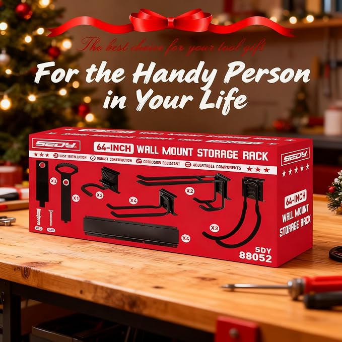 SEDY 64" Heavy Duty Garage Storage Tool Organizer Wall Mount - Tool Rack with Adjustable Hooks, Anti-Rust, 300lbs Capacity - Easy Installation (4 Racks, 10 Hooks, 3 Straps) - Image 9