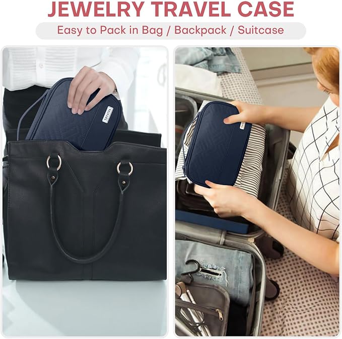 Jewelry Travel Case Organizer for Necklaces, Earrings, Rings, Bracelet, Watch, Soft Sided, Blue - Image 6