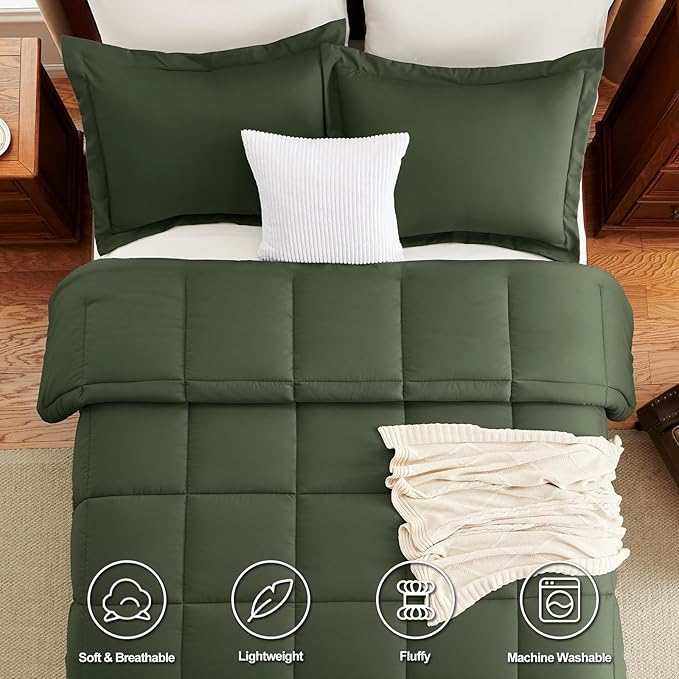 CozyLux Queen Size Comforter Set - Olive Green Comforter Queen Size, 3 Pieces Box Stitched Bed Set for All Seasons, Soft Lightweight Bedding Sets with 1 Down Alternative Comforter and 2 Pillow Shams
