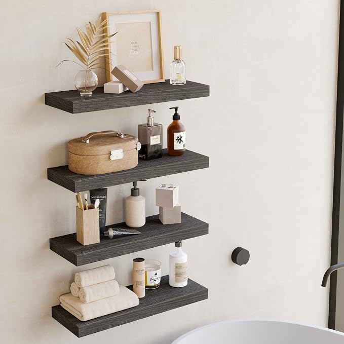 Fixwal 15.8in Floating Shelves, Rustic Wood Finish Wall Shelves Set of 4, Shelves for Wall Decor, with Invisible Brackets for Bathroom, Living Room,Bedroom and Kitchen(Gray) - Image 5