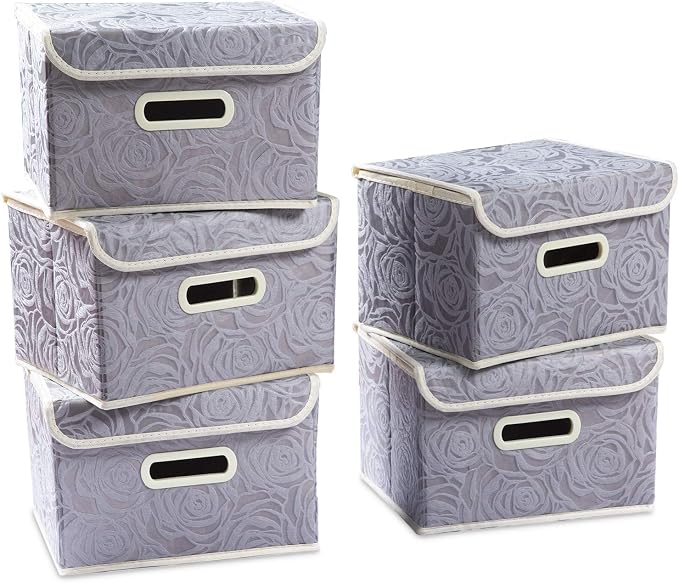 PRANDOM Stackable Storage Boxes with Lids [5-Pack] Fabric Decorative Storage Bins Cubes Organizer Containers Baskets with Cover Handles Divider for Bedroom Closet Living Room Grey 9.8x7.9x6.7 Inch by Prandom