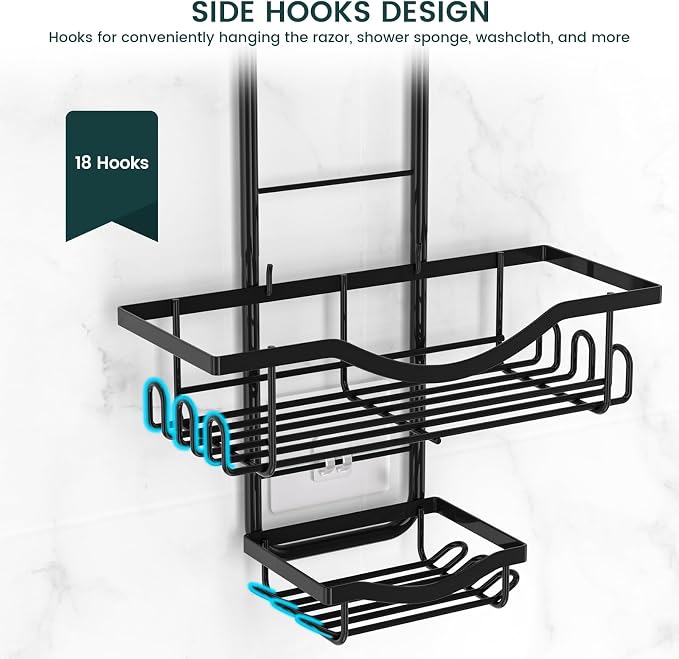 Shower Caddy Hanging Adjustable Shower Caddy, Rustproof Shower Organizer Extended Length Shower Caddies Over Shower Head with Hooks Soap Holder, Large Capacity Anti-Swing Bathroom Storage, Black - Image 9