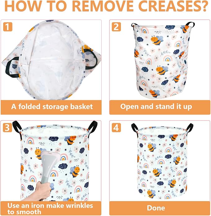MAIZMZ Rainbow Bee Print Canvas Laundry Basket,Waterproof Storage Bin with Handles 15.7" D×19.7" H Foldable Toy Organizer Decor Gift Basket for Kids' Bedroom & Home Organization - Image 6