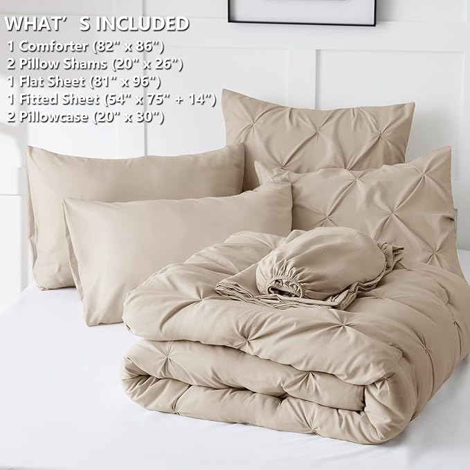 CozyLux Full Size Comforter Sets Wheat, 7 Pieces Pintuck Bed in A Bag Wheat Comforter Full Size, Pinch Pleat Bedding Sets with All Season Comforter, Sheets, Pillowcases & Shams