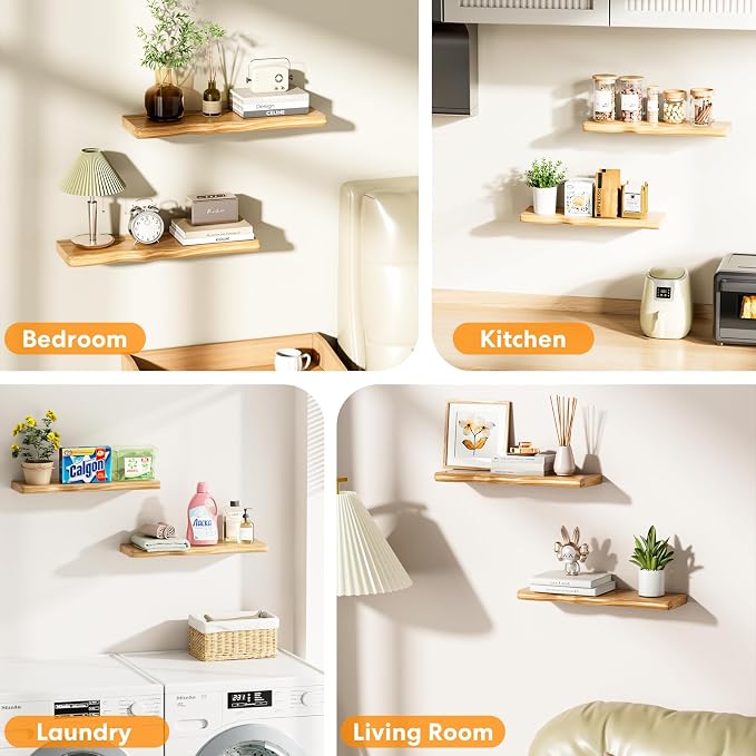 Floating Shelves for Wall 24 Inch Wooden Floating Shelves Live Edge Shelf with Unique Natural Grain Wall Mounted Rustic Pine Wood Shelf for Living Room Bedroom Kitchen Bathroom (Natural) - Image 6