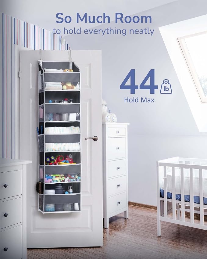 ULG 1 Pack Over Door Organizer with 5 Large and 10 Mesh Side Pockets, 44 lbs Weight Capacity Hanging Storage with Clear Window Kids Toys, Shoes, Diapers, Dark Grey, 5 Layers - Image 5