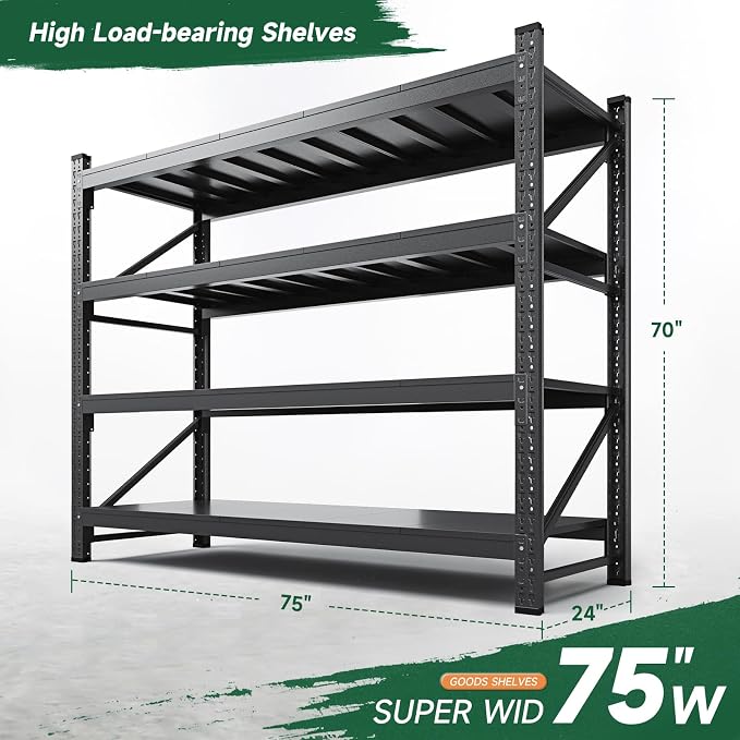 Letaya 8000LBS Storage Shelves Heavy Duty,75" W Garage Shelving Units, 4 Tier Adjustable Utility Rack Shelf,Large Metal Industrial Shelves,for Shop,Warehouse,Basement,Black (75" W x 24" D x 70" H) - Image 2