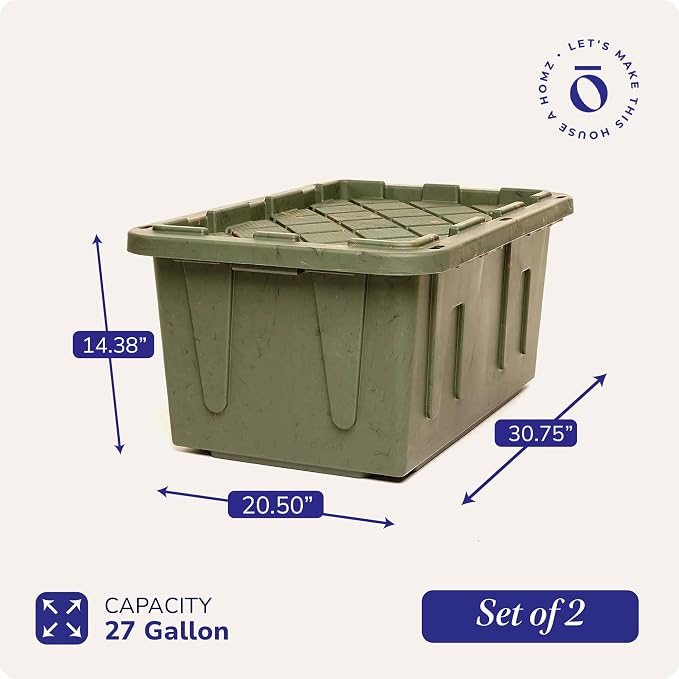 HOMZ 2-Pack Durabilt Tote, Heavy Duty Plastic Storage Bins with Lids, 27 Gallon, Green Camo - Stackable Organizing Containers for Home, Garage, and Office - Image 4