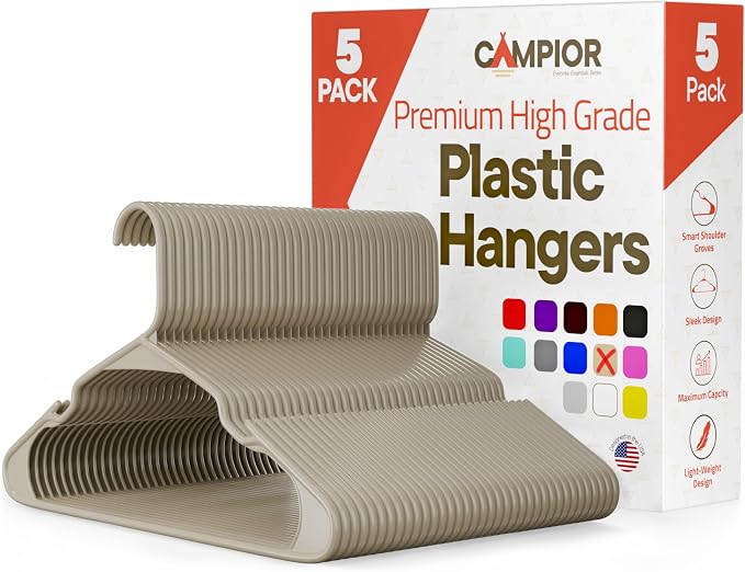 Plastic Clothes Hangers – Heavy Duty Hanger Set, for Organizing Clothes, Dresses, and Coat, Holds Up to 5 lbs, Space-Saving Hangers with Non-Slip Shoulder Grooves, Pack of 5, Ivory by Campior