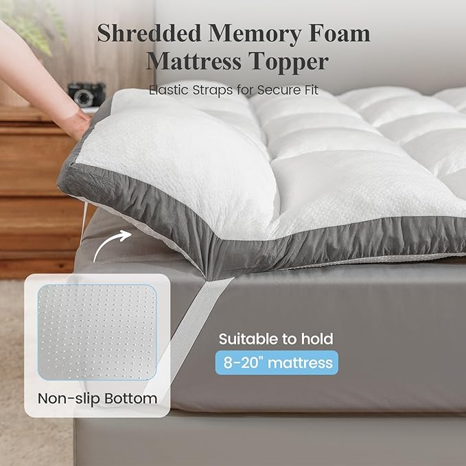 Memory Foam Mattress Topper Full - Pillow Top Mattress Topper Full Size, Soft Plush Bed Pad for Pressure Relief and Back Support, White, Oeko-TEX Certified - 2000GSM
