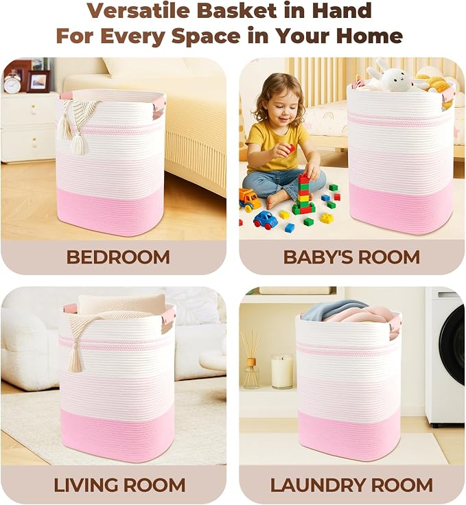 AINUOQI Laundry Basket with Handles - Blanket Basket & Hampers for Bedroom Aesthetic, Laundry Hamper & Blanket Storage for Living Room, Clothes Hamper, Tall, Large 17" x 14" x 22”, Pink & White - Image 4