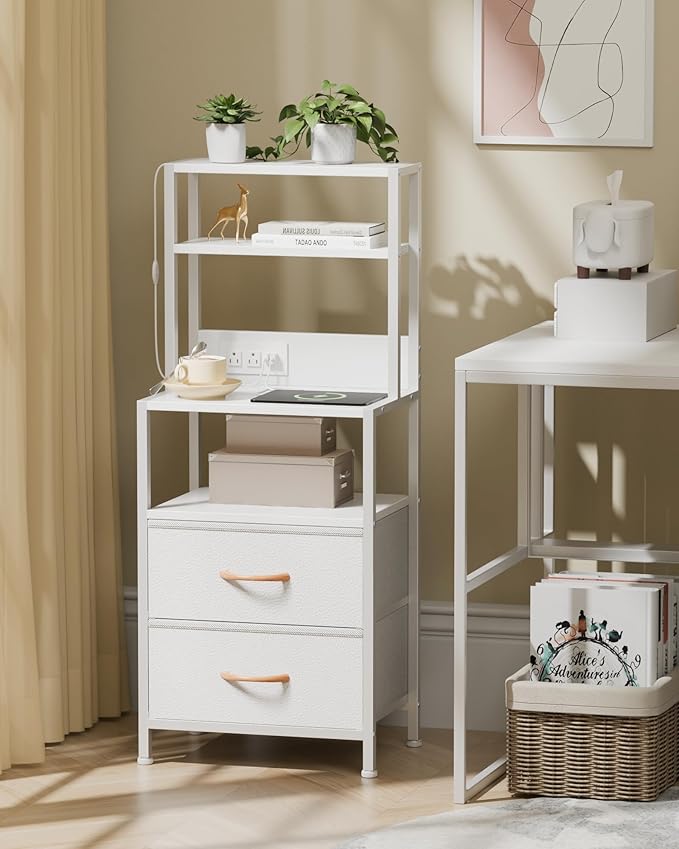 Furnulem Night Stand, Tall White Nightstand with 4-Tier Shelves, 2 PU Fabric Drawers and Light Tube, Bed Side Tables with Charging Station, Bedside Table for Bedroom
