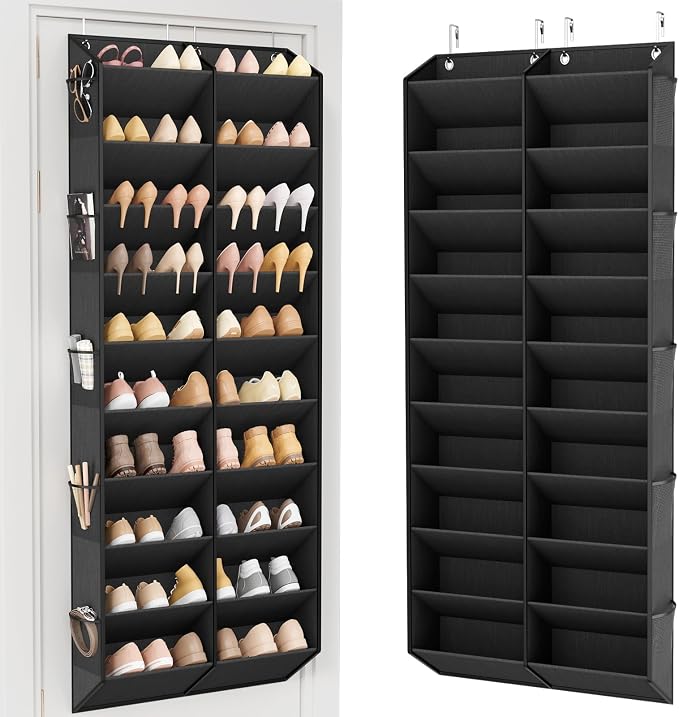 LANTEFUL Over the Door Shoe Organizer, Hanging Shoe Rack for Closet Door Shoe Storage for 30 Pairs Sneaker and Boots, Large Shoe Holder for Door with 10 Side Pockets, Space Saving, Black by LANTEFULforTidyingHouse