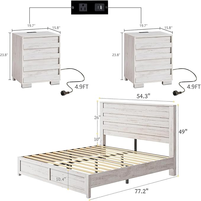 LUXOAK 3 Pcs Bedroom Furniture Sets, Farmhouse Full Size Bed Frame with 49" Tall Headboard and Nightstand Sets of 2 with Charging Station, Slated Handles & Stainless Steel Feet, Distressed White