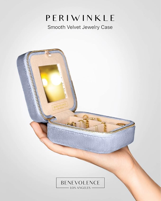 Benevolence LA Plush Velvet Jewelry Box | Travel Jewelry Case Organizer with Mirror | Featured in Oprah's Favorite Things | Best Gifts For Daughter, Girlfriend, Mom | Gifts For Her - Periwinkle Blue - Image 2