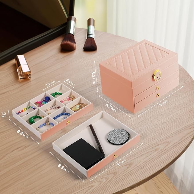 coobest 3 Layer Jewelry Box, Jewelry Holder with Lockable Drawer, Large Jewelry Boxes & Organizer with Velvet Earring Holder, Gifts for Mom Women - Image 8