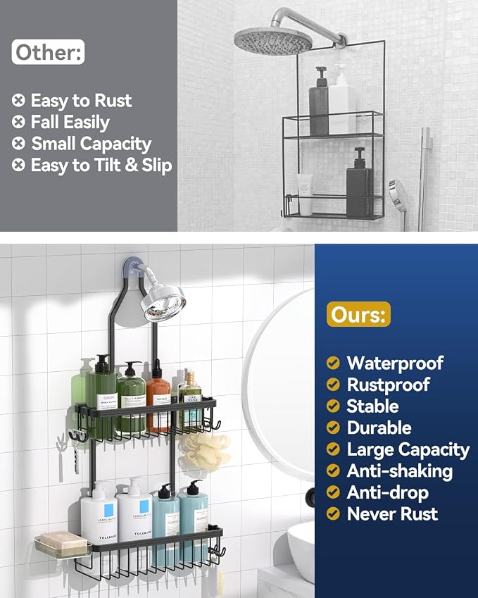 YASONIC Shower Caddy Hanging, Never Rust Shower Organizer Hanging, Aluminum Shower Racks for Inside Shower with Hooks for Razor, Bathroom Organizers and Storage with Soap Holder, Black - Image 8