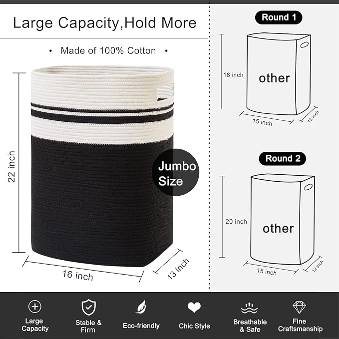 OIAHOMY Laundry Hamper-Laundry Basket,Tall Cotton Storage Basket with Handles,Decorative Blanket Basket for Living room,Collapsible Large Basket for Toys,Pillows,Clothes Organizer-16x13x22in-Black - Image 5