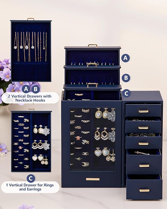 Homde Large Jewelry Box/Organizer/Case with Glass Window, Drawers for Necklaces Earrings Rings Bracelets Watches Gift for Women Girls - Image 3