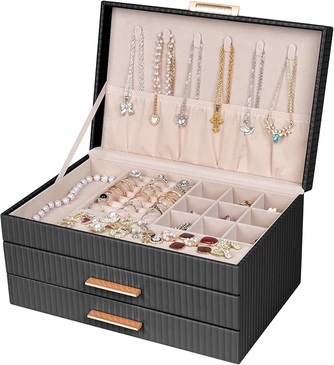 Dajasan Jewelry Box Organizer, 3-Tier Jewelry Storage with 2 Drawers, Large Jewelry Boxes for Women, PU Leather Surface with Texture, Gift Idea, Modern Style, 10.71 x 7 x 5.6 Inches (Black) by DAJASAN