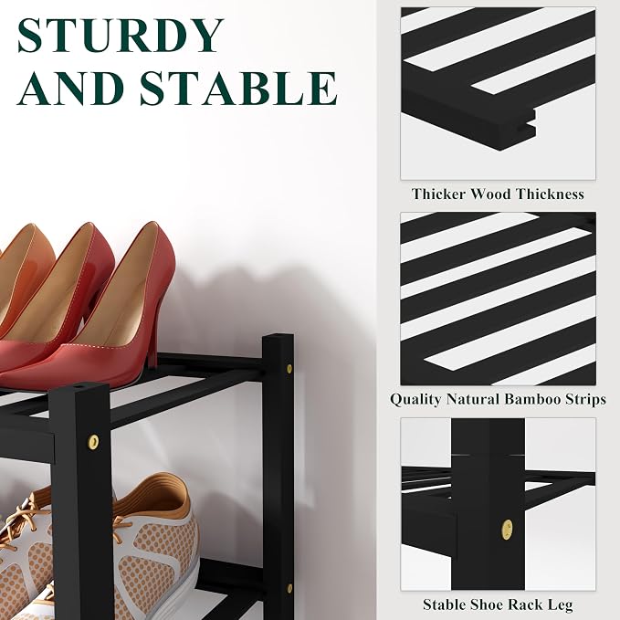 Smiry Bamboo Shoe Rack for Closet, 5 Tier Small Wooden Stackable Shoe Organizer, Free Standing Shoes Storage Shelf for Entryway, Front Door Entrance, Black - Image 2