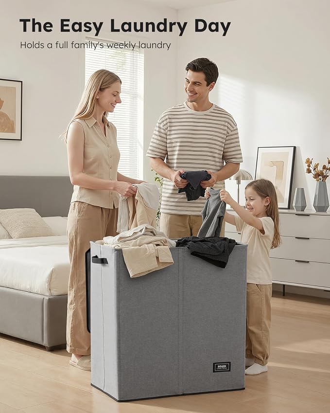 SOLEDI Large Double Laundry Hamper with Lid,165L Collapsible Clothes Hamper 2 section with Removable Bags, Space-Saving Laundry Basket for Bedroom, Dorm, College - Image 3