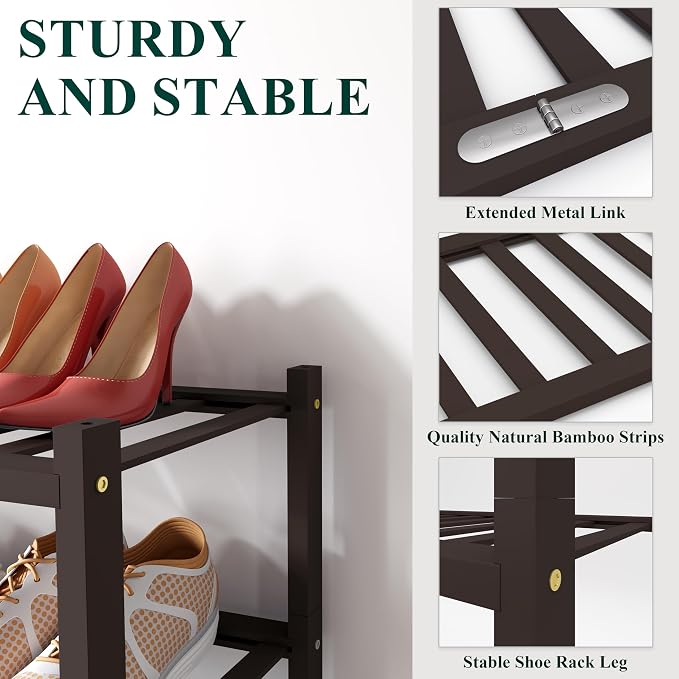 Smiry Shoe Rack, 3 Tier Long Bamboo Shoe Organizer, Stackable Free Standing Wooden Shoe Storage Shelf for Closet, Entryway, Front Door Entrance, Brown - Image 3