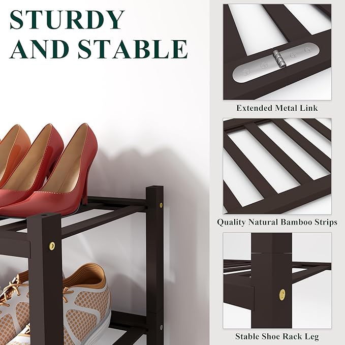 Smiry Bamboo Shoe Rack for Closet, 5 Tier Wooden Stackable Shoe Organizer, Free Standing Shoes Storage Shelf for Entryway, Front Door Entrance, Brown - Image 3