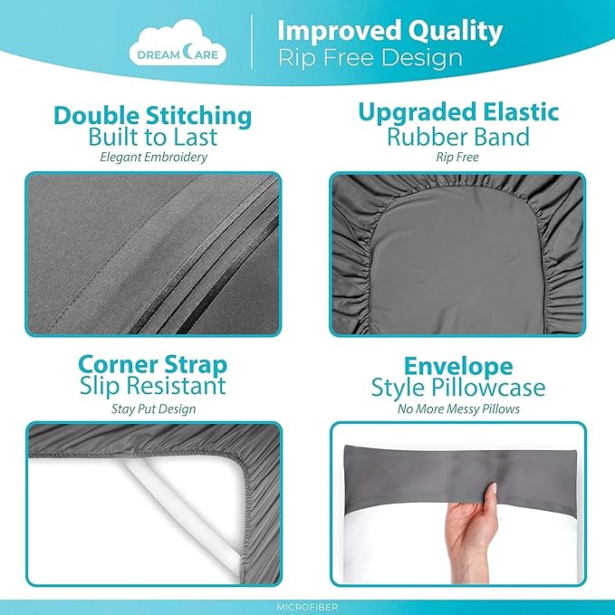 DREAMCARE Queen Sheet Set - 6 pcs Breathable Cooling Bed Sheets - up to 15" Deep Pocket Queen Sheets Set with Side Pockets - Extra Soft 100% Brushed Hypoallergenic Hotel Luxury Bedding - Gray