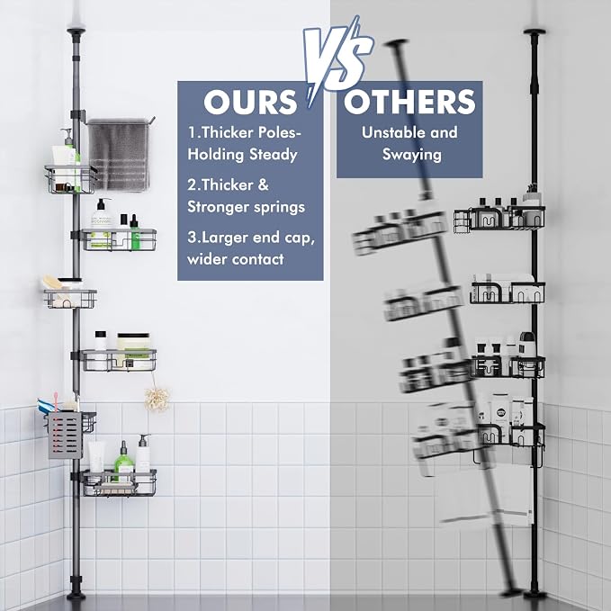 Vatex Corner Shower Caddy Tension Pole,30-120 Inch Adjustable Shower Organizer, 6-Tier Shower Shelves with Towel Rack/Toothbrush Holder/Soap Dish, Bathroom Corner Storage Rust-Resistant - Image 4