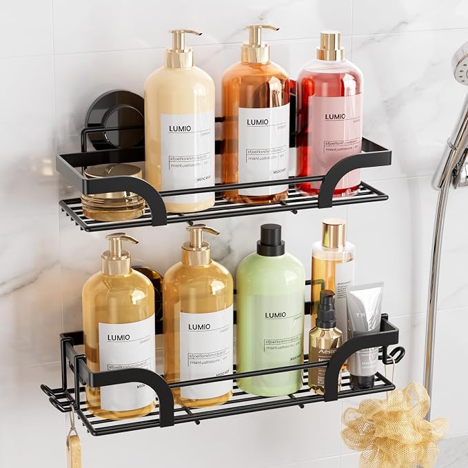 LEVERLOC 2 Pack Shower Caddy Suction Cup, Shower Shelves for Inside, Rustproof Metal Bathroom Storage NO-Drilling Bath Organizer with Large Capacity,Heavy Duty Storage Basket,Home Decor,Black by LEVERLOC