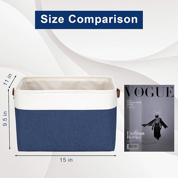 Bagnizer Storage Bins Large Fabric Storage Baskets for Shelves 3 Pack, Decorative Linen Closet Baskets with Handles for Organizing, Shelf, Clothes, Home, Office, 15x11x9.5Inches (NavyBlue&White) - Image 3