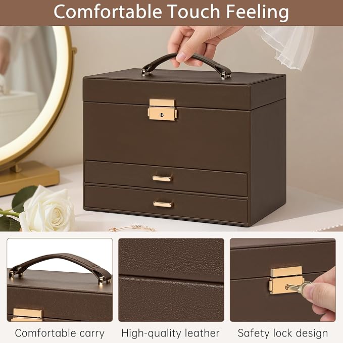AKOZLIN Travel Jewelry Box Organizer Functional 2-trays Leather Jewelry Storage Case with Lockable Portable 2 Drawers for Women Girls Ring Necklace Earring Bracelet - Image 7