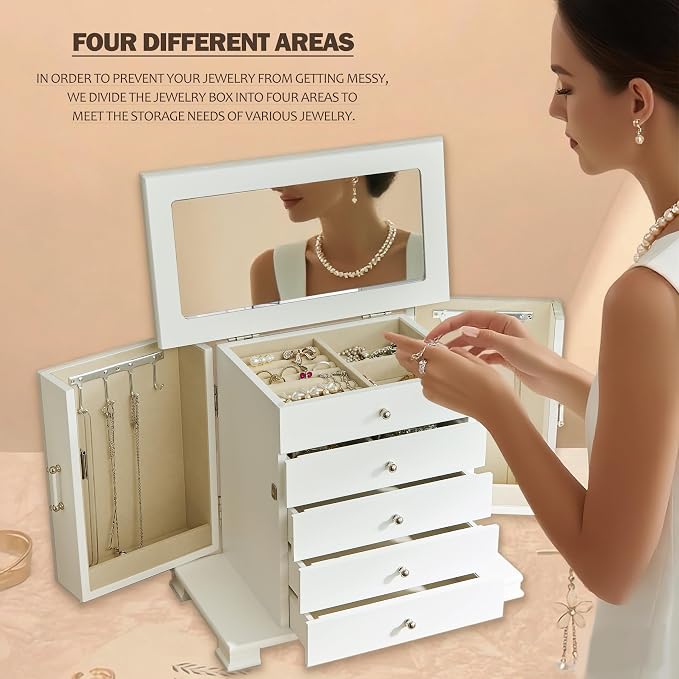 White 5 Layer Huge Jewelry Box,Top With Mirror Wooden Jewelry Organizer Box,With 8 Hook And Velvet Lining Antique Jewelry Box For Women,For Watch Necklace Ring Earring Storage Gifts - Image 4
