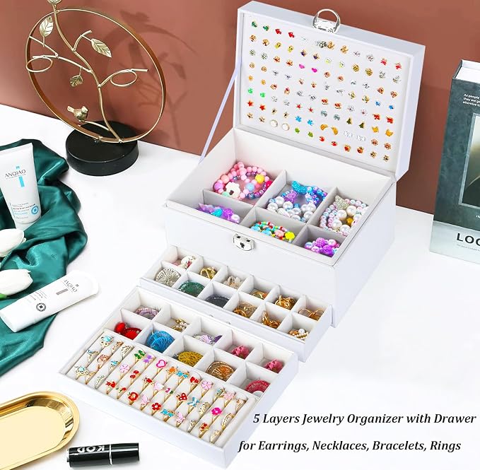 QBestry Earring Jewelry Box for Women Girls Stud Organizers, 5 Layers White Jewelry Organizer Box with Lock Necklaces and Earrings Holder Jewelry Box with Earring Organizer for Women Girls Xmas Gifts - Image 8