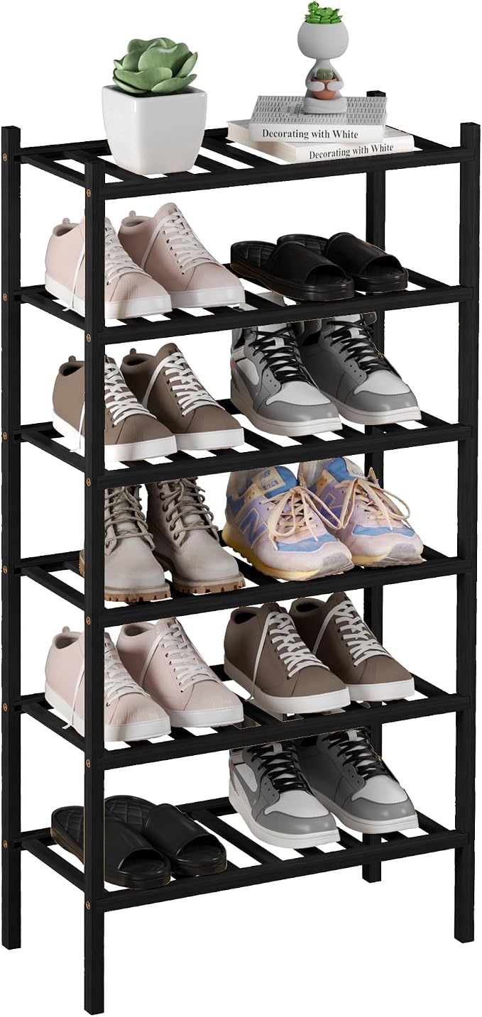 ROMGUAR CRAFT 6-Tier Bamboo Small Shoe Rack, Free Standing Wood Shoe Shelf Storage Organizer for Closet Entryway Stackable (Black) by ROMGUAR+CRAFT