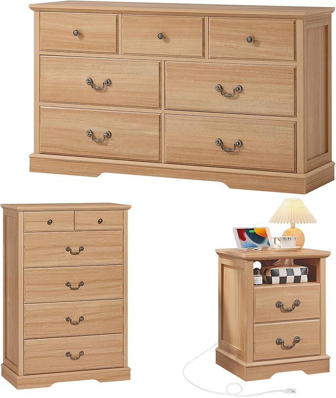 Farmhouse Dressers & Night Stand Set of 3,54" Wide 7 Drawer Dresser & 45" Tall Chest of Drawers, 18" Wide 2 Drawers End Table with Charging Station,Furniture Dresser Sets for Home,Natural
