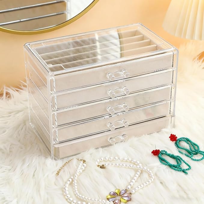 5 Drawers Necklace Organizer Storage, Tray with Clear Lid, Dustproof Velvet Necklaces Holder Storage Display Case, Necklace Tray Drawer Insert for Pendant Suitable for Women and Girls (25 grids) - Image 4