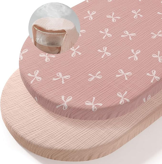 Basumee Muslin Bassinet Sheets for Baby Girl Boy 2 Pack Soft Breathable Baby Bedside Bassinet Fitted Sheets with Bottom Elastic Band Mattress Cover for Rectangle Oval Hourglass Bassinets
