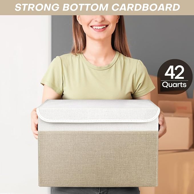 Bagnizer Large 17" 42 Quarts Collapsible Stackable Storage Bins with Lids [3-Pack] Foldable Fabric Linen Storage Boxes Cube, Closet Organizer Baskets with Label (16.7 x 12 x 12, Beige & White) - Image 6