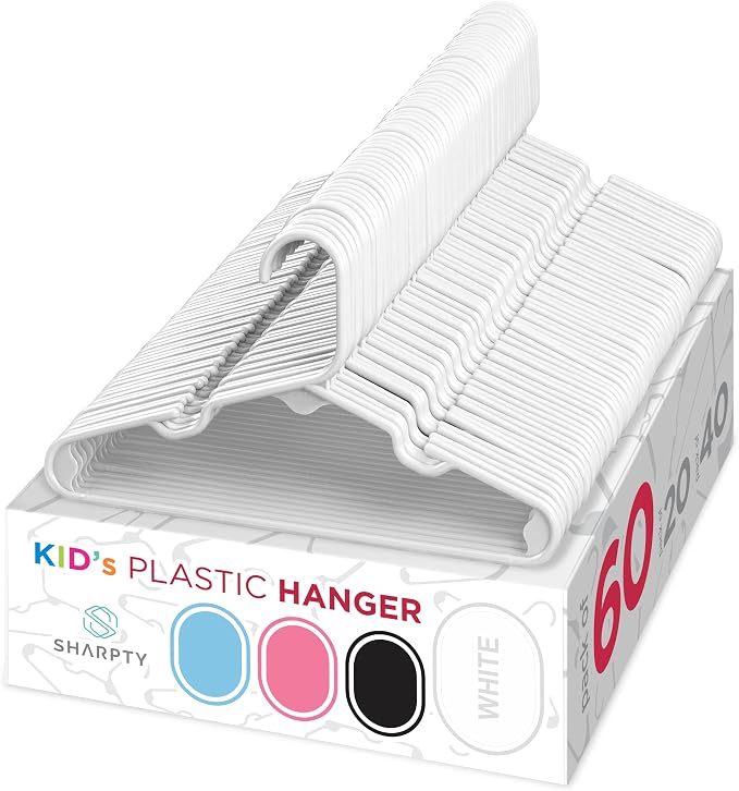 Sharpty Kids Plastic Hangers, Children's Hangers for Baby, Toddler, and Child Clothes - Everyday Standard Use - Ideal for Boys and Girls Closet, Clothing, Pants, Coats, and More - White, 60 Pack by Sharpty