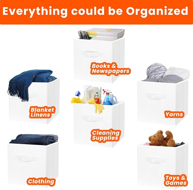 Criusia Storage Cubes, 11 Inch Cube Storage Bins for Shelves Closet Nursery Bedroom - 10 Pack Collapsible Baskets with Handles - Fabric Bins for Organizing Clothes Blanket Toys (White) - Image 4