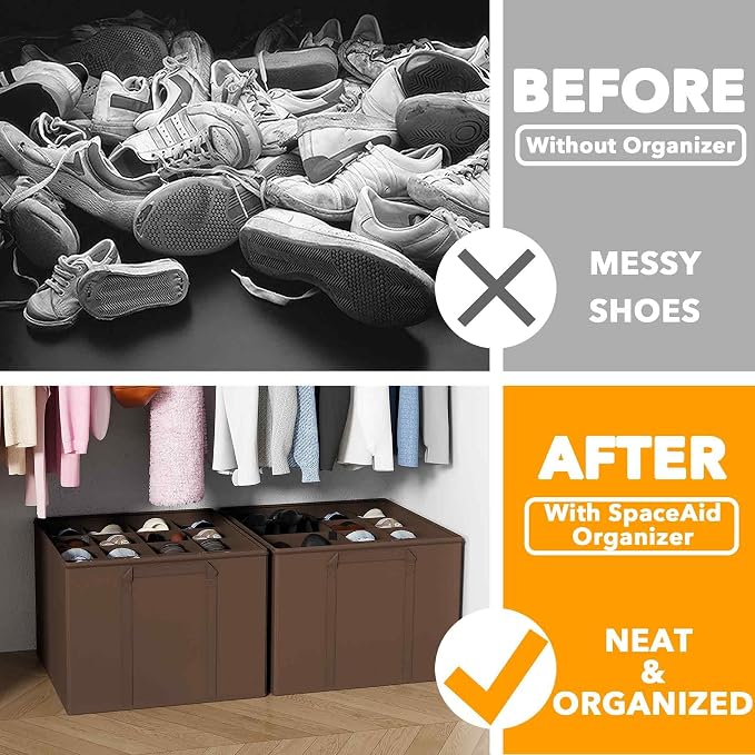 SpaceAid Shoe Organizer for Closet, 2 Pack Foldable Shoe Storage Containers Baskets Boxes Bins w/Adjustable Dividers, Fits 16-32 Pairs, Brown - Image 2