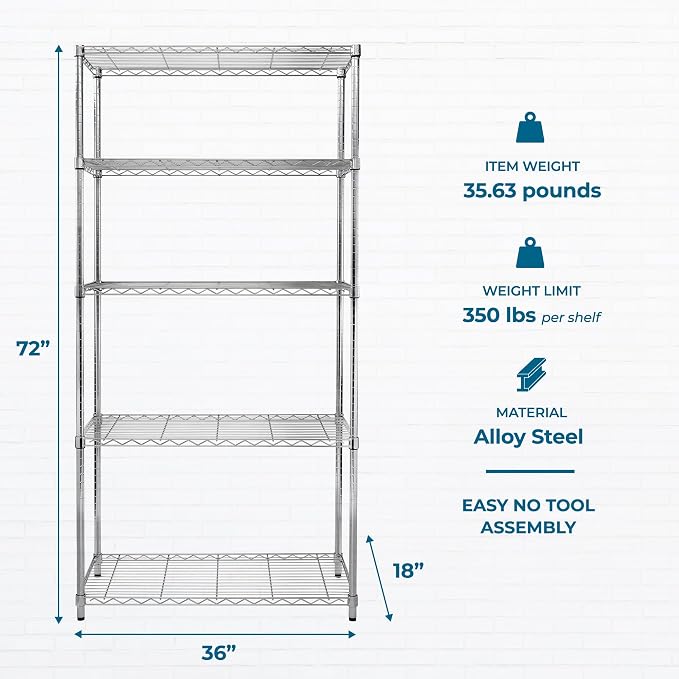 Honey-Can-Do 5-Tier Adjustable Shelving Unit, Chrome SHF-09685 Chrome, 1750lbs (350-lb Weight Capacity Per Shelf) - Image 3