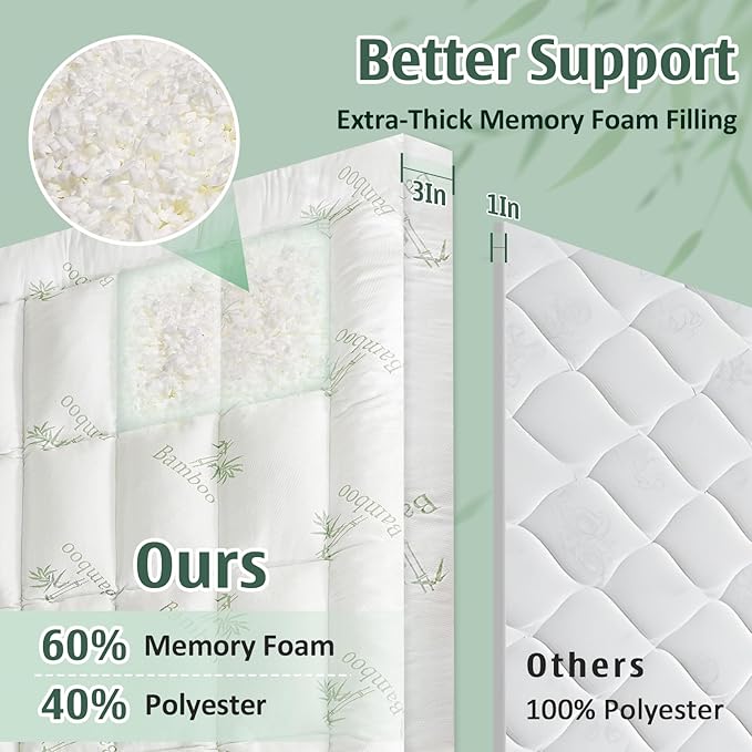 DOWNCOOL 3 Inch Full Mattress Topper – Cooling Memory Foam Mattress Topper for Back Pain Relief, Breathable Bamboo Viscose Air Layer, 1700 GSM Fill, Deep Pocket Fits 8–21 Inch