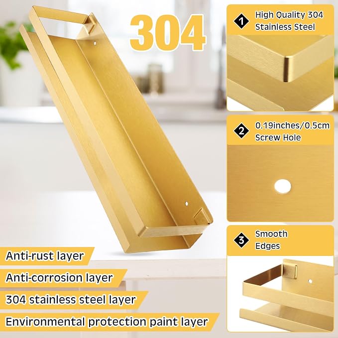 Lallisa 2 Pieces Stainless Steel Shelf Bathroom Shower Floating Shelves Wall Mounted Shower Caddy Basket Shelf Storage Organizer Shelves for Bathroom, Kitchen, Living Room(15.75 Inch/ 40 cm,Gold) - Image 3