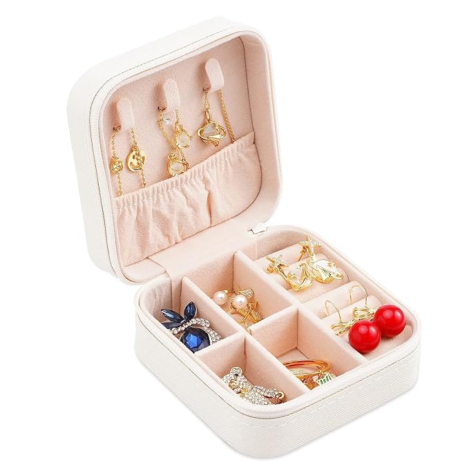 Neveika Portable Travel Mini Jewelry Box Leather Jewellery Ring Organizer Case Storage Gift Box Girls Women (2pcs White). - Image 7