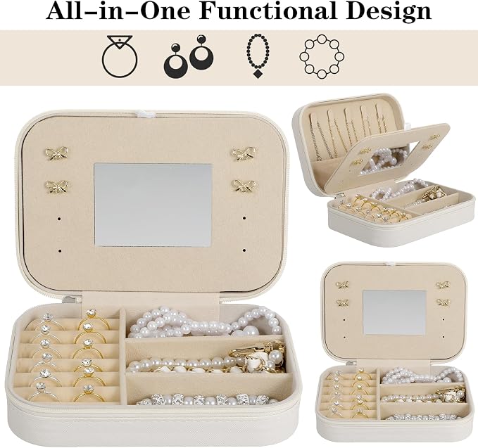 2-Pack PU Leather Travel Jewelry Organizer Cases with Mirror for Women, Portable Velvet Jewelry Box Set for Earrings, Rings, Necklace, Bracelet - Luxury Gift Set (Beige) - Image 7