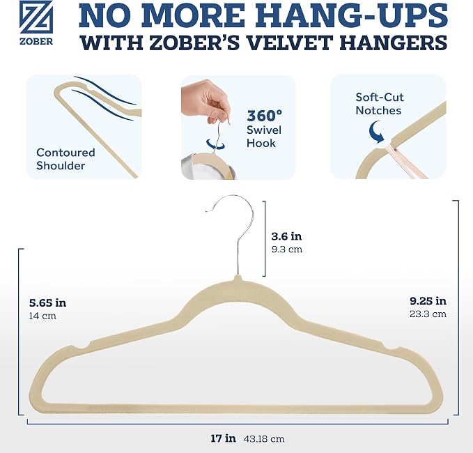 Zober Velvet Hangers 50 Pack - Ivory for Coats, Pants & Dress Clothes - Non Slip w/ 360 Degree Swivel, Holds up to 10 lbs - Strong Felt Hangers for Clothing - Image 2
