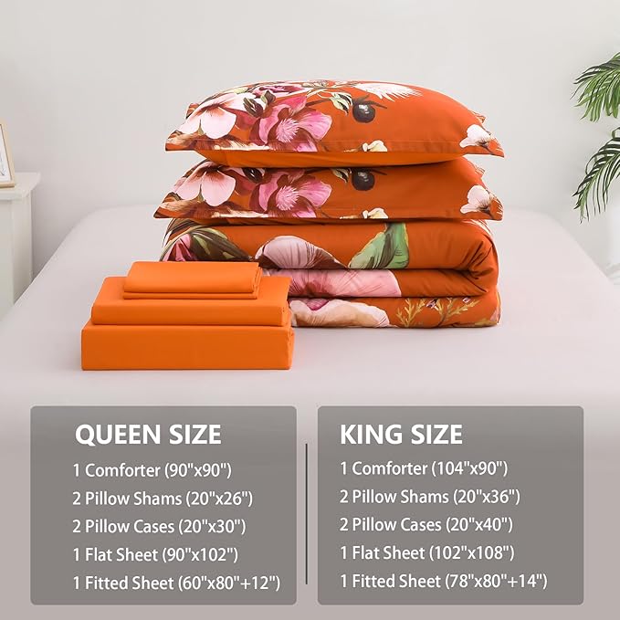 Luxudecor Terracotta Floral Comforter Set King Size 7 Piece, Flower Bed in a Bag, Elegant Floral Comforter with Sheet Set, Soft Microfiber Bedding Set for All Season (Terracotta, 104"x90")